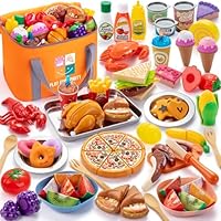 Juboury Obst zum Schneiden Lebensmittel Spielzeug Set, Kinderküche Spielküche Zubehör, Gefälschte Lebensmittel mit Pizza Spielzeug, Montessori Spielzeug ab 3 Jahre, Geschenke 3 Jahre Mädchen Junge