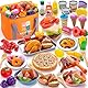 Juboury Obst zum Schneiden Lebensmittel Spielzeug Set, Kinderküche Spielküche Zubehör, Gefälschte Lebensmittel mit Pizza Spielzeug, Montessori Spielzeug ab 3 Jahre, Geschenke 3 Jahre Mädchen Junge