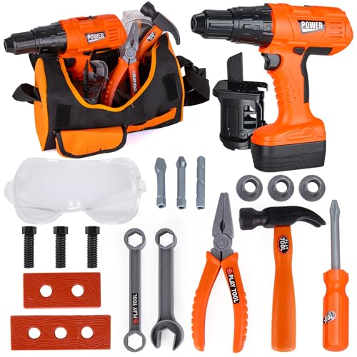 ArtCreativity Power Drill Tool Set for Kids - Pretend Playset with 2-in-1 Toy Drill with Lights, Sounds, Motion - Includes Toy Hammer, Pliers, Bolts, Screwdriver and More - Sturdy Bag for Storage