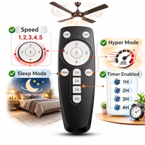 Image of Compatible with Crompton Ceiling Fan Remote Control Wireless for Smart & Easy Operation with Sleep Mode, Timer Mode and Speed Adjustment (Fan Not Included) (Pack of 1 Pc) (Black)