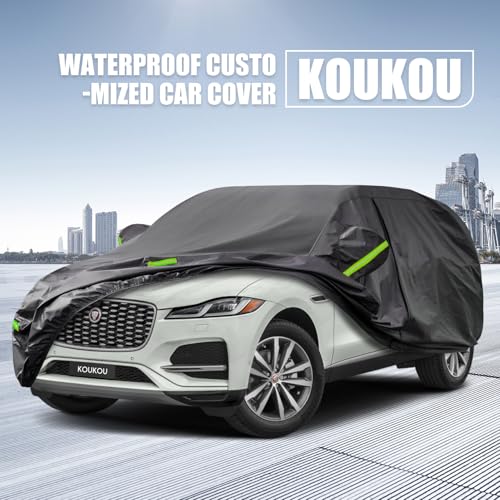 Image of KouKou Waterproof SUV Car Cover Suitable for Jaguar F-PACE from 2015 to 2025, 7 Layers Windproof All Weather Waterproof Outdoor Cover Sun Rain UV Dust Snow Protection. Black