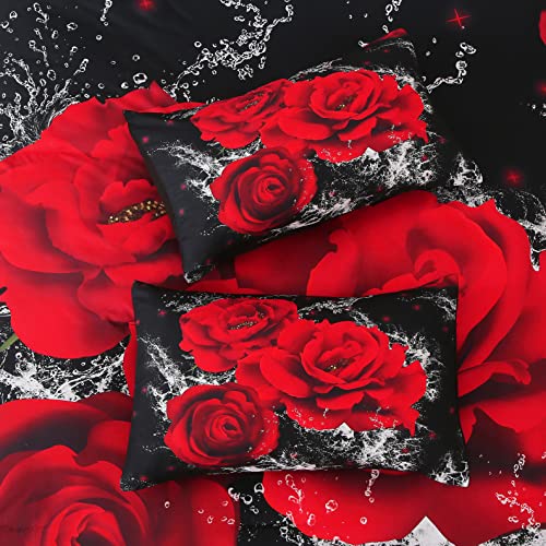Djoymock Rose Duvet Cover Set Queen Red Floral Printed Bedding Set 3 Pieces Reversible Soft Microfiber Romantic Comforter Cover Set Home Decor For All Season (1 Duvet Cover + 2 Pillowcases) 90"X90" #TOP3
