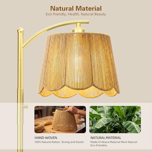Image of Karjoefar Hand-Woven Shade Rattan Boho Floor Lamps for Living Room Bedroom | 7W Bulb Included, 10-100% Dimmable, 67 inch Tall Farmhouse Floor Lamp for Bedroom Nursery and Living Room with Metal Base & Pole