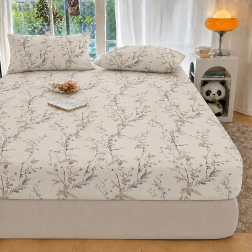 Image of VOMZER King Size (60x78) 300 TC Soft Cotton Feel Microfiber All Around Elastic Fitted Double Queen Bedsheet with 2 Pillow Covers | Ivory Blue Flower