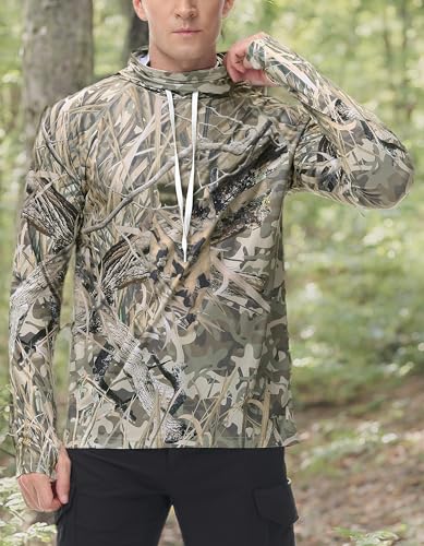 Image of FISHEAL Men's Hunting Shirts with Mask - UPF 50+ Camo Long Sleeve Fishing Hoodie Shirt with Adjustable Drawstring