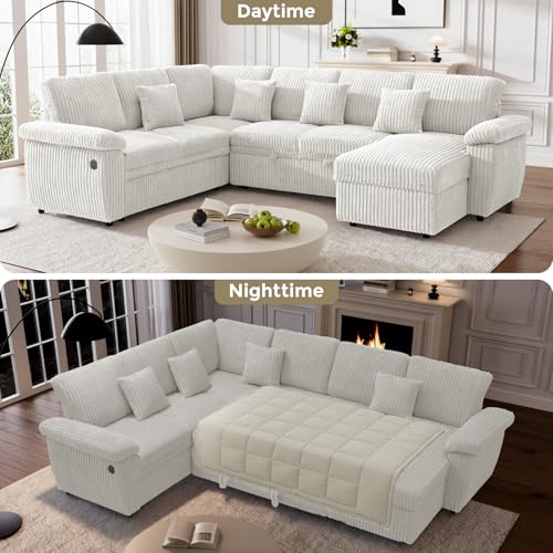 Image of Sectional Sleeper Sofa with Pull Out Bed and Storage Chaise, Fluffy Soft Corduroy Fabric, Modern Comfy U Shaped Couch with USB Charger for Living Room Apartment Small Spaces, Beige White