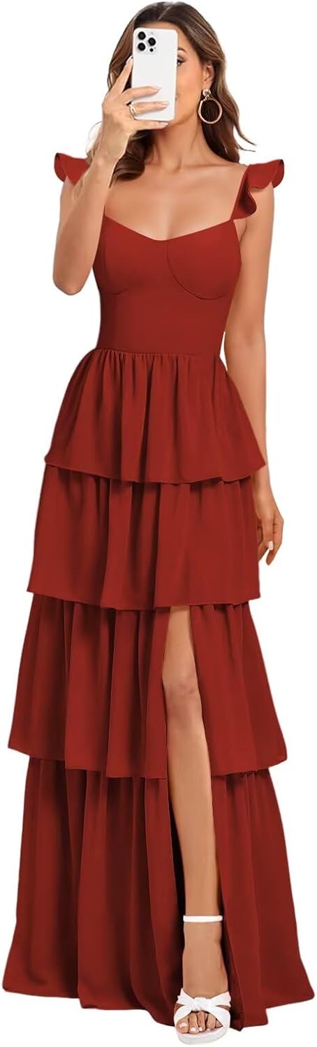 Spaghetti Straps Tiered Bridesmaid Dresses Pleated Formal Evening Dresses with Ruffles ZU044