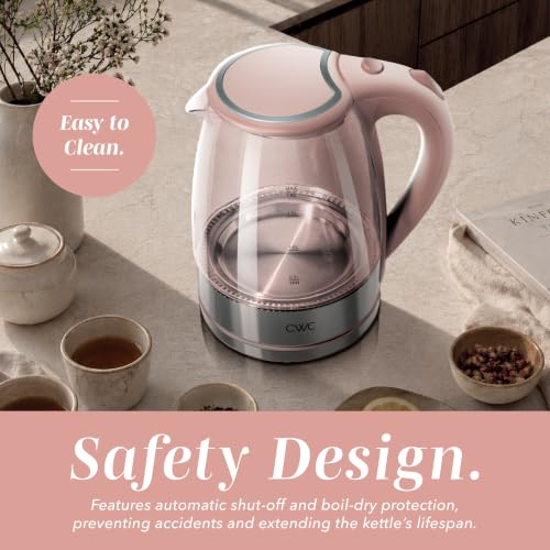 Image of COOK WITH COLOR Electric Stained Glass Tea Kettle, 1.8L Cordless Hot Water Boiler, 1200W Rapid Boil, Auto Shutoff & Boil Dry Protection, BPA-Free, Sleek Countertop Design, Pink