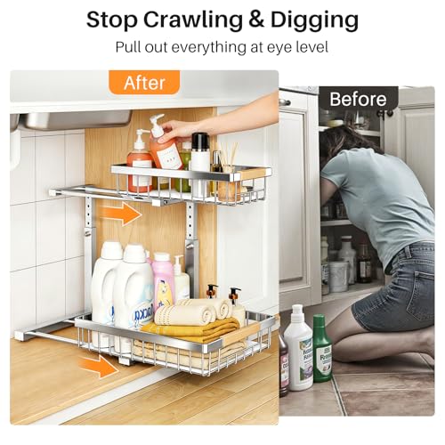 Image of PXRACK Under Sink Organizer, Adjustable Height, 2 Tier Pull Out Cabinet Organizer, Slide Out Thickened Metal Storage for Kitchen Bathroom Laundry Pantry Cabinet, Stainless Steel, Silver, Large-2-Pack