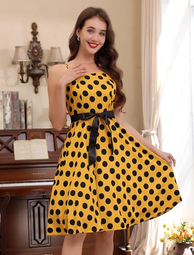 Image of Women Vintage Polka Dot 1950s Rockabilly Halter Audrey Dress Retro Floral Evening Cocktail Swing Dress