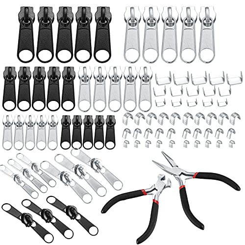 Kit de reparación de cremallera de 86 piezas, kit de reemplazo de cremallera de metal, juego de cremalleras para reparación de jeans, abrigos – plata/negro