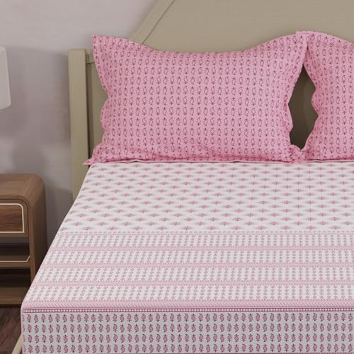 Image of Layers 100% Cotton King Size Bedsheet Set | Pink Ethnic Print | 120 TC Forever Collection | Soft & Breathable | Washable Bedsheet with 2 Pillow Covers | All Season