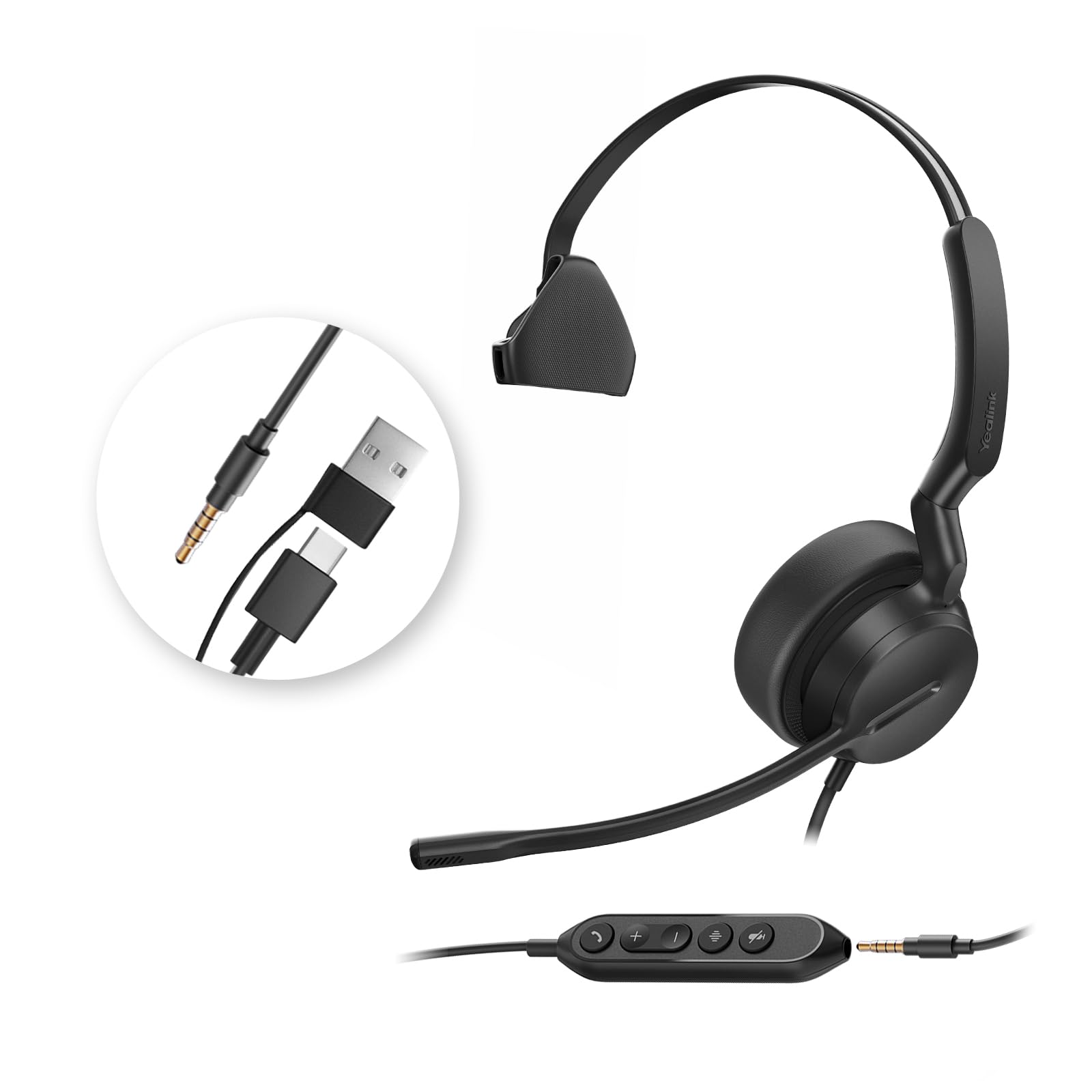 Yealink UH42 SE Wired Headset with Mic, USB-A/C & 3.5MM Single Computer Headsets with Noise Cancelling Microphone for PC, Laptop, Phone, 7ft Cable