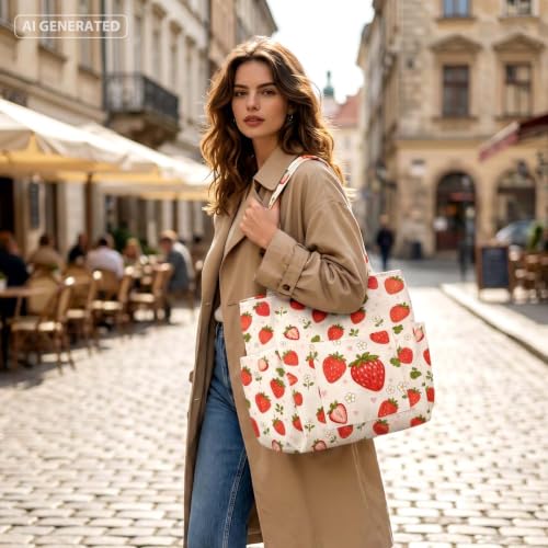 Watercolor Strawberry Corduroy Tote Bag for Women, Cute Shoulder Bag - image 3