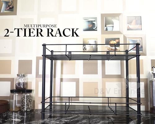 Image of D&V Engineering 2-Tier Metal Kitchen Storage Rack | Countertop Organizer Shelf & Spice Rack, Multipurpose Pantry and Cabinet Shelf Organizer