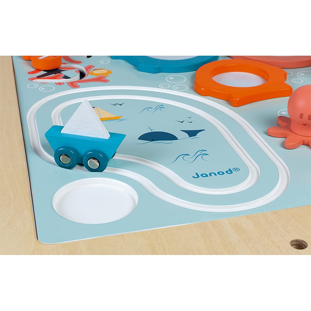 Janod - Table d'Activités Évolutive en Bois - 5 Activités Premier Âge - Plateau à Dessin Magnétique - Avec Sac de Rangement Accrochable - Dès 18 Mois, J08041