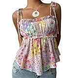 Women Fairycore Floral Smocked Camisole Cute Babydoll Frill Trim Tie Up Backless Peplum Tank Top Summer Going Out Top Flower