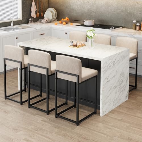 Butacos modernos IDEALHOUSE, juego de 4 unidades, con respaldo, tapizados en cuero sintético, para isla de cocina y bar en casa, estructura metálica, color beige miniatura 3