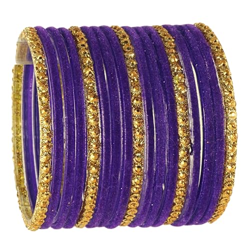Image of NMII Premium Glass & Golden Beads Velvet Bangle Set For Women and Girls | Velvet Chudi | Traditional Chudi Set | Designer Girl's Bangles Bracelet | Wedding, Party, Festive, Daily- Set of 34