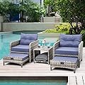 Pamapic 5 Pieces Wicker Patio Furniture Set Outdoor Patio Chairs with Ottomans Conversation Furniture with coffetable for Poorside Garden Balcony(Purple Cushion + Grey Ratten)