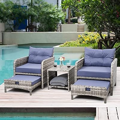 Pamapic 5 Pieces Wicker Patio Furniture Set Outdoor Patio Chairs with Ottomans Conversation Furniture with coffetable for Poorside Garden Balcony(Purple Cushion + Grey Ratten)