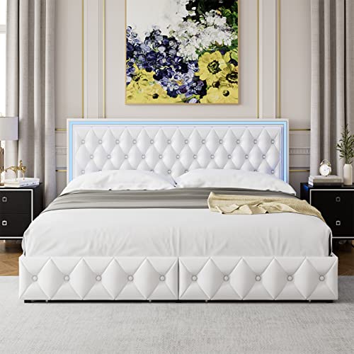 Keyluv Queen Upholstered Led Bed Frame With 4 Drawers, Pu Leather Platform Storage Bed With Adjustable Button Tufted Headboard And Solid Wooden Slats Support, No Box Spring Needed, White #TOP2