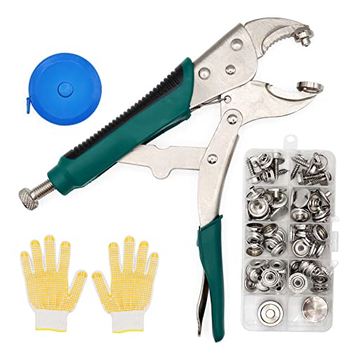 Heavy Duty Snap Fastener Tool, Adjustable Snap Pliers Tool Kit for Boat Cover Snaps, Replacing Metal Snaps, DIY Cover, Canvas (with 70Piece Canvas Snap, Punching Pliers, Gloves and Tape Measure)