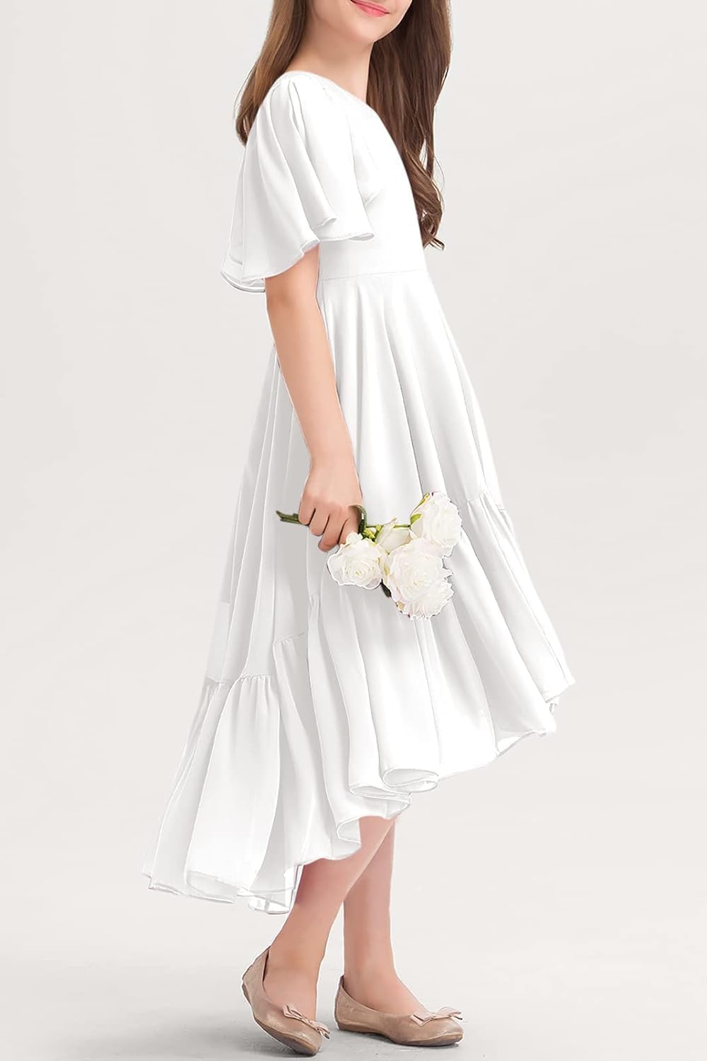 Haloumoning Robe d'été pour fille - Col en V - Robe à volants - Décontractée - Robe trapèze - Robe de soirée longue et élégante