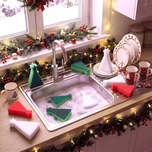 Image of Tioncy 12 Pack Christmas Tree Kitchen Sponges Bulk Red Green and White Dual Sided Scrubber Sponges Dishwashing Kitchen Cleaning Accessories for Household Supplies(4.33 x 2.76 x 0.98 Inches)