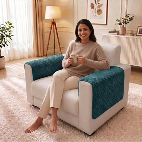 Image of Story@Home Premium Quilted Sofa Armrest Covers | Anti-Slip Armrest Covers for Sofa | 1 Pair - 70(D) x 50(L) cm - Teal