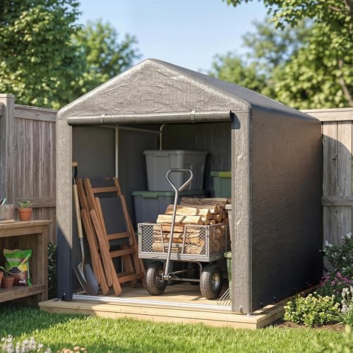 Outsunny 5.2 x 7.2 ft Portable Shed, Outdoor Storage Shed Bike Tent with Waterproof Cover, Galvanized Steel Frame & Roll-up Door for Bikes, Garden Tools, Motorcycles, Dark Grey — view 7
