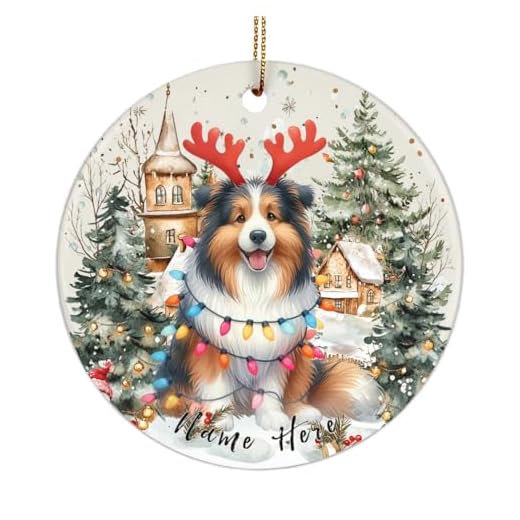 ECODRAN Croatian Sheepdog Dog Wearing Christmas Lights and Reindeer Antlers Ornament for Croatian Sheepdog Mom, Dad, Dog Lovers Birthday Gift - Round