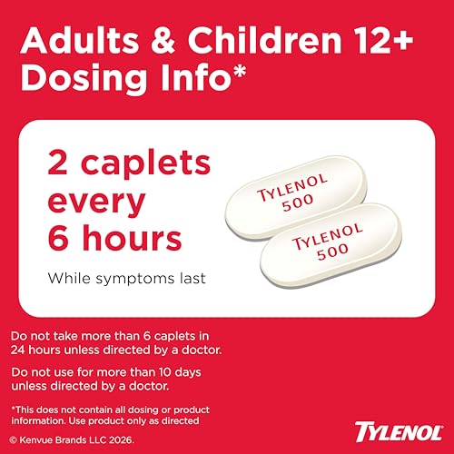 Image of Tylenol Extra Strength Caplets, Fast, Strong Pain Relief Pills, Fever Reducer for Adults, Acetaminophen 500 mg, Gentle on Stomach, Headache, Backache, Minor Aches, Pains, Minor Arthritis, 100 Count