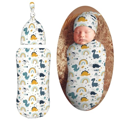 Image of Dinosaurs and Rainbows Newborn Swaddle Blankets Hat Sets Soft Baby Receiving Blanket Swaddle Sack for Baby Shower Infant Boy Girl Gift
