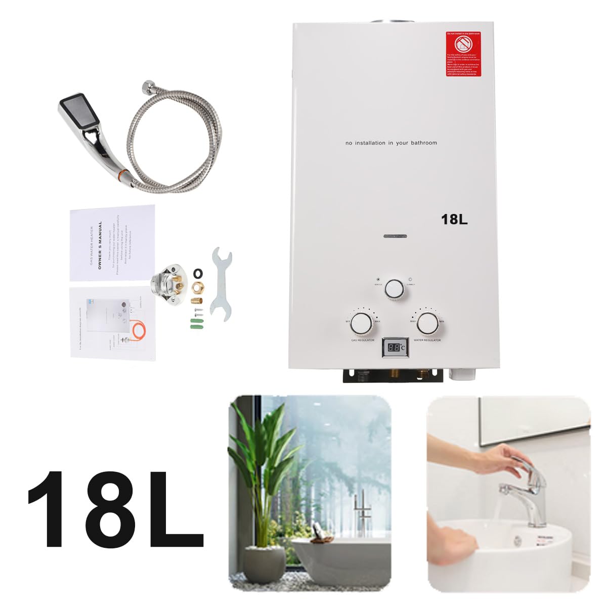 18L 36KW Gasdurchlauferhitzer, LPG Warmwasserbereiter, 4.8 GPM Propangas Tankloser Kesselbrenner Sofort-Heißwasserbereiter mit Duschkopf-Kit für Ventilierte Häuser, Kabinen, Campingdusche