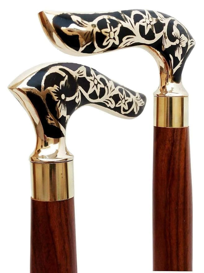 Vintage Brass Handle Wooden Walking Cane – Decorative Floral Engraved Designer Stick for Men and Women Walking Stick for Old Age-image-47