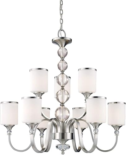 Z-Lite 308-9-BN Cosmopolitan Nine Light Candelabro, marco de metal, acabado de níquel cepillado y sombra blanca de material de vidrio