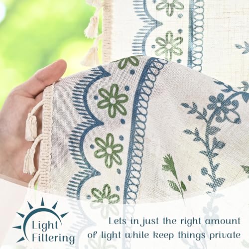 Image of Yinhua Boho Valance Curtains Vintage Linen Kitchen Valances for Windows Light Filtering Bohemian Floral Valance Rod Pocket Tassel Window Valances for Bathroom Cafe, 52 inch W X 18 inch L, Blue Green Floral