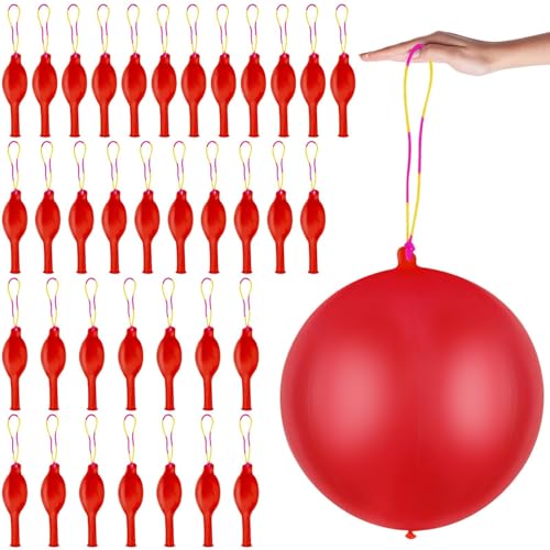 36 Pcs Red Punch Balloons | with Rubber Band Handle for Easy Grip - Ideal for Kids’ Birthday Party Favors, Classroom & Outdoor Play(Red)