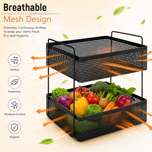 Image of JD FRESH 2 Tier Metal Square Kitchen Stand Organizer /Countertop Large Capacity Storage Rack /Space Saving Design /Modern Ventilation Design for Spices,Fruits or Vegetables /Bathroom Vanity Storage Shelf