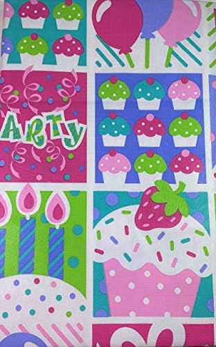 Happy Birthday Cupcakes, Candles and Balloons Flannel Back Vinyl Tablecloths By Elrene- Assorted Sizes (60 Round)