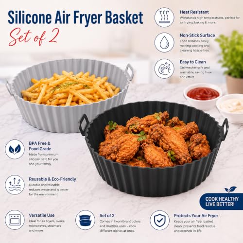 Image of Cutting EDGE Silicone Air Fryer Basket | Non Stick & Reusable Baking Tray | Round Liners with Ear Handles, Heat Resistant Oven Cooking Accessories (Set of 2, Black & Grey - Color)