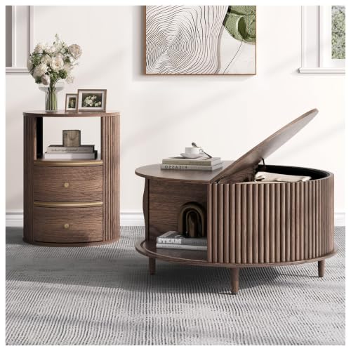 Image of JOINICE Round Coffee Table and End Table Set,31.5 inch Mid Century Modern Living Room Furniture, Walnut Fluted Center Table with Storage & Matching Side Table for Small Space
