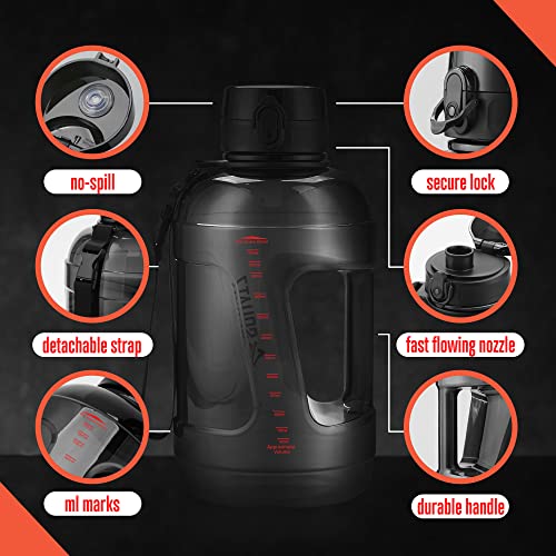 Squatz 78 Oz Poseidon Water Bottle Series (Black) - Sports Big Volume Wide Mouth Opening, Anti-Slip Handle, Fall-Proof Cap, Fixed Buckle Carrying Strap, Leak Proof & Zero Condensation Jag #TOP5