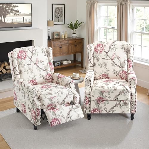 Pushback Recliner Chair Set of 2, Floral Fabric Wingback Recliner Chair, Upholstered Armchair Push Back Recliner, Rivet Trim Single Sofa Accent Chair with Wood Legs for Living Room, Plants Floral