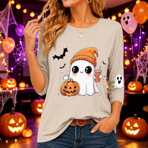 Womens Halloween Shirts Crewneck 3/4 Sleeve Tops Ghost Graphic T Shirt Tunic Tees Family Party Matching Casual Top - image 2