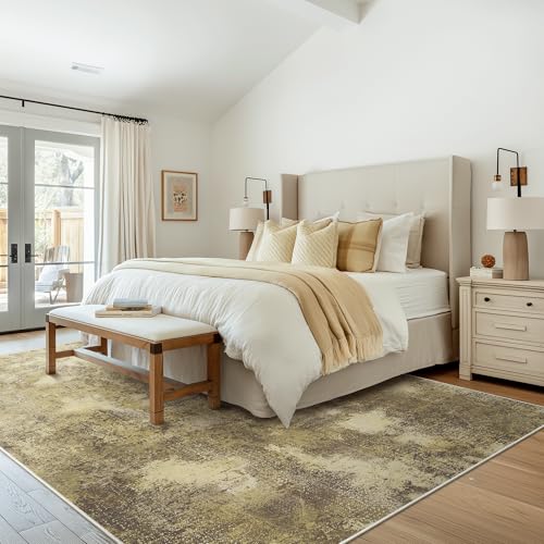 Area Rugs 8x10 for Living Room Bedroom, Modern Abstract Machine Washable Rug, Large Soft Low Pile Floor Carpet with Non Slip Backing for Dining Room, Amber Brown