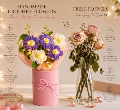 Image of ROKTRY Handmade Crochet Flower Bouquet with LED Fairy Lights - Knitted Yarn Daisy Flowers in Elegant Pink Gift Box for Birthday, Anniversary, Valentine's Day, Wedding, Home Decor (PURPEL)