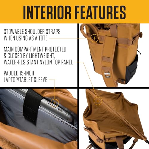 Carhartt 28L Nylon Cinch-Top Convertible Tote Backpack, Durable Pack with Laptop Sleeve, Carhartt Brown3