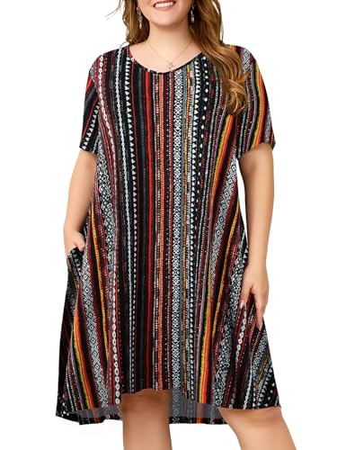 Image of OVERWORETY Womens Short Sleeve Plus Size T-Shirt Dress V Neck Casual Loose Swing A-Line Summer Tunic Dresses with Pockets